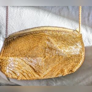 Vintage Gold Beaded Evening Purse- handbag- Cross body, Long Handle- Zipper